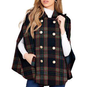 Womens Plaid Jacket Double Breasted Winter Cape Coats Turn Down Poncho with Pock